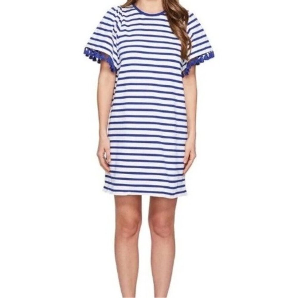 Kate Spade Broome Street White and Blue Stripe Tassel Flutter Sleeve - S